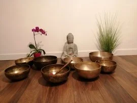 Bols tibétains disposés en arc de cercle sur le parquet du cabinet, devant une statuette de Bouddha, une orchidée et une plante verte